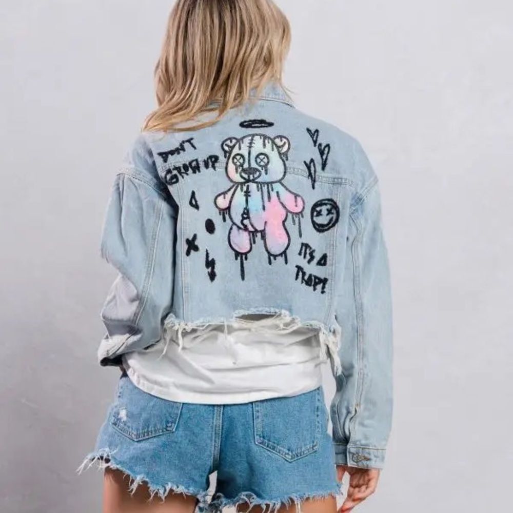 Trio New York Light Blue Distressed Crop Jean Jacket with Pastel Teddy Graphic